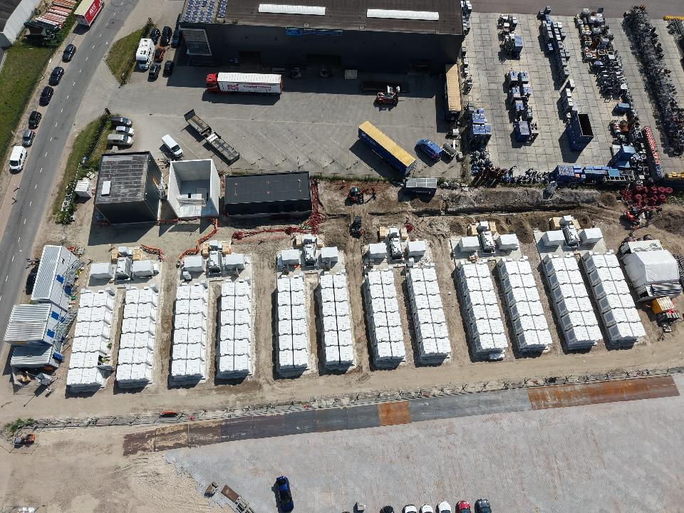 Aerial view of battery units at the Project Amethyst construction site in Dordrecht